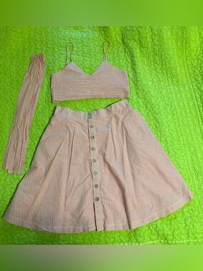 Pin-Striped Button-Front A-Line Skirt Set with Crop Top in Peach and White